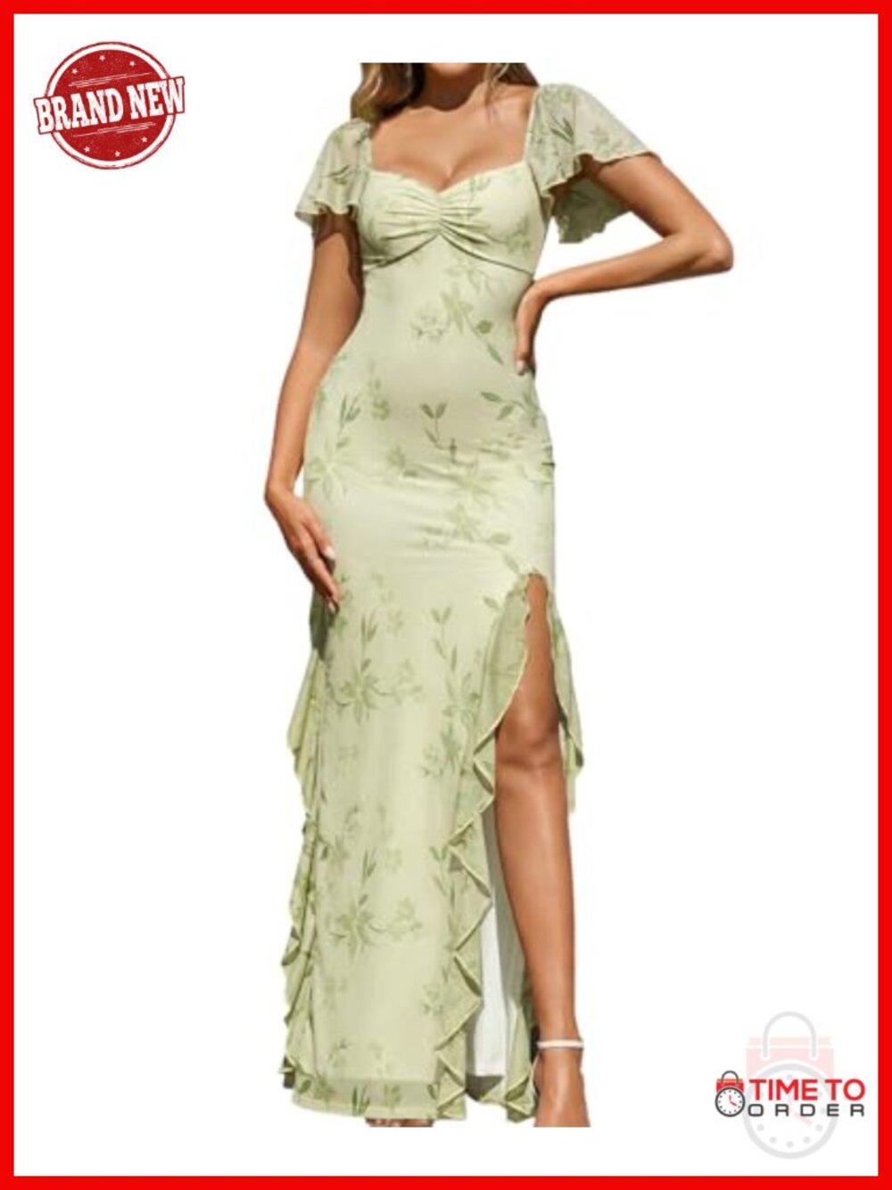 Floral Maxi Formal Dress Ruffle Short Sleeve Sweetheart Neck High Slit